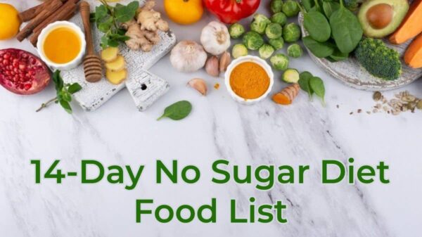 A flat lay image of various healthy foods on a white marble background. The foods include honey, ginger, turmeric, garlic, spinach, brussels sprouts, avocados, sweet potatoes, red pepper, pomegranate, and various herbs and spices. The text "14-Day No Sugar Diet Food List" is written in green at the bottom of the image.