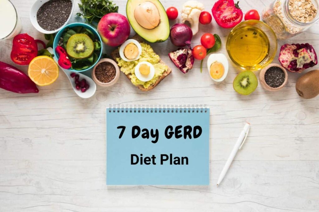 Assorted GERD-friendly foods with a notebook reading '7 Day GERD Diet Plan