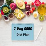 Assorted GERD-friendly foods with a notebook reading '7 Day GERD Diet Plan