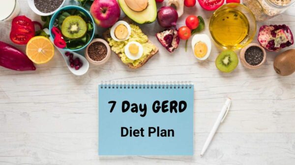 Assorted GERD-friendly foods with a notebook reading '7 Day GERD Diet Plan