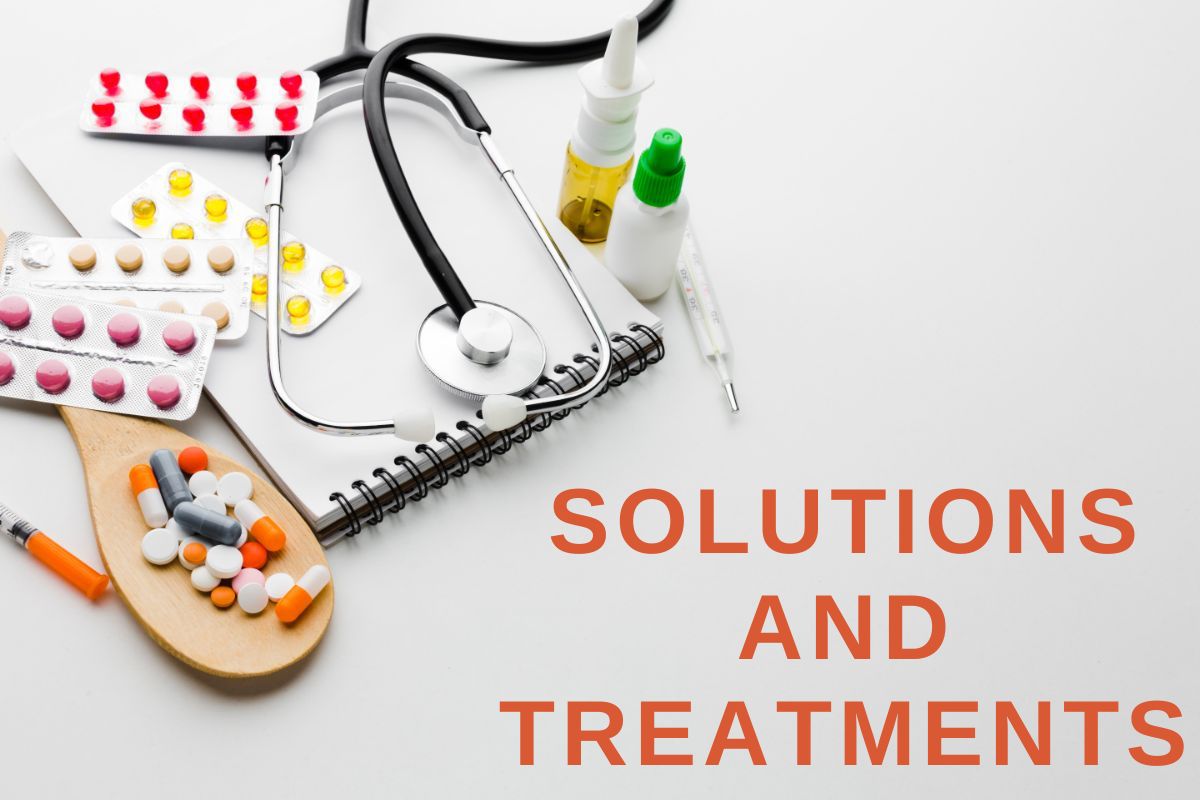 A flat lay image displaying various medical items, including blister packs of pills, a stethoscope, a spiral notebook, bottles of medication, and a wooden spoon filled with colorful tablets. The text "SOLUTIONS AND TREATMENTS" is prominently displayed in bold orange letters on the right side of the image.