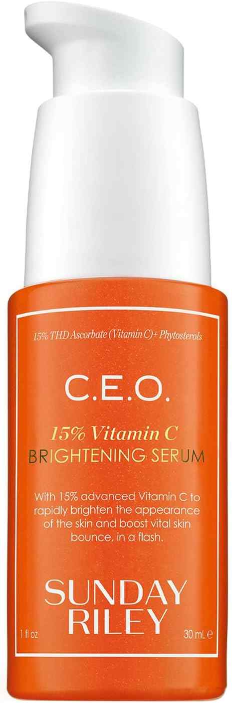 Sunday Riley C.e.o. 15% Vitamin C Brightening Serum Bottle, Representing An Advanced Brightening And Anti-Aging Skincare Solution.