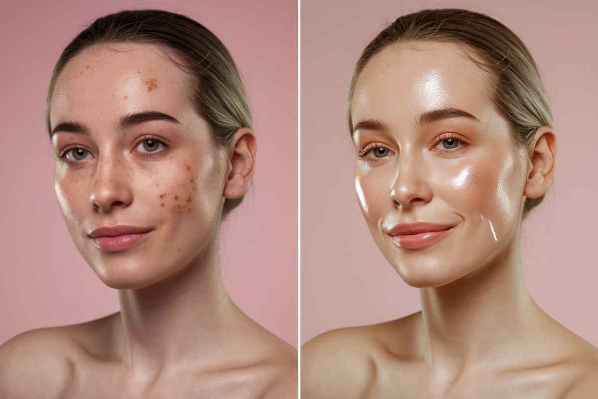 A Close-Up Of Skin Transformation Showing Visible Results Before And After Using Vitamin C Serum.