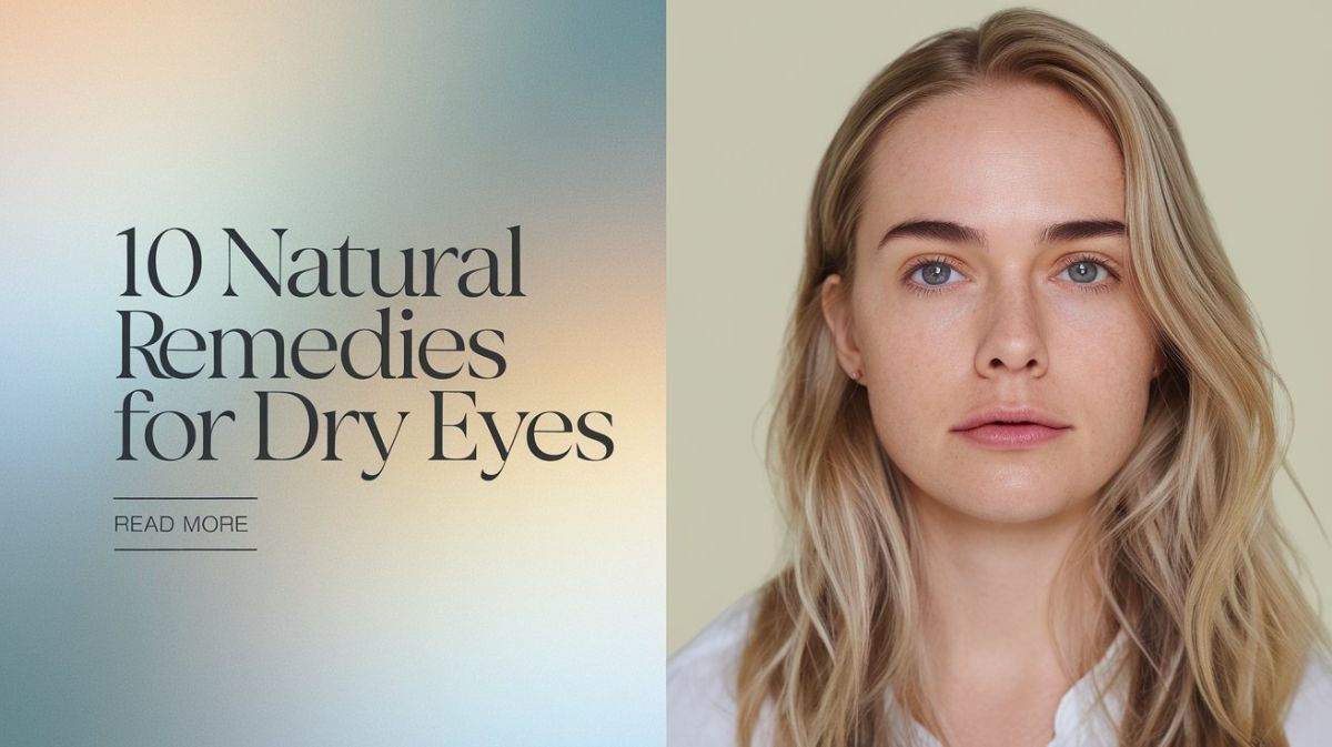 10 Natural Remedies For Dry Eyes - A Woman With Blonde Hair And A Neutral Expression Looking Straight Ahead, Next To Text On A Soft Gradient Background.