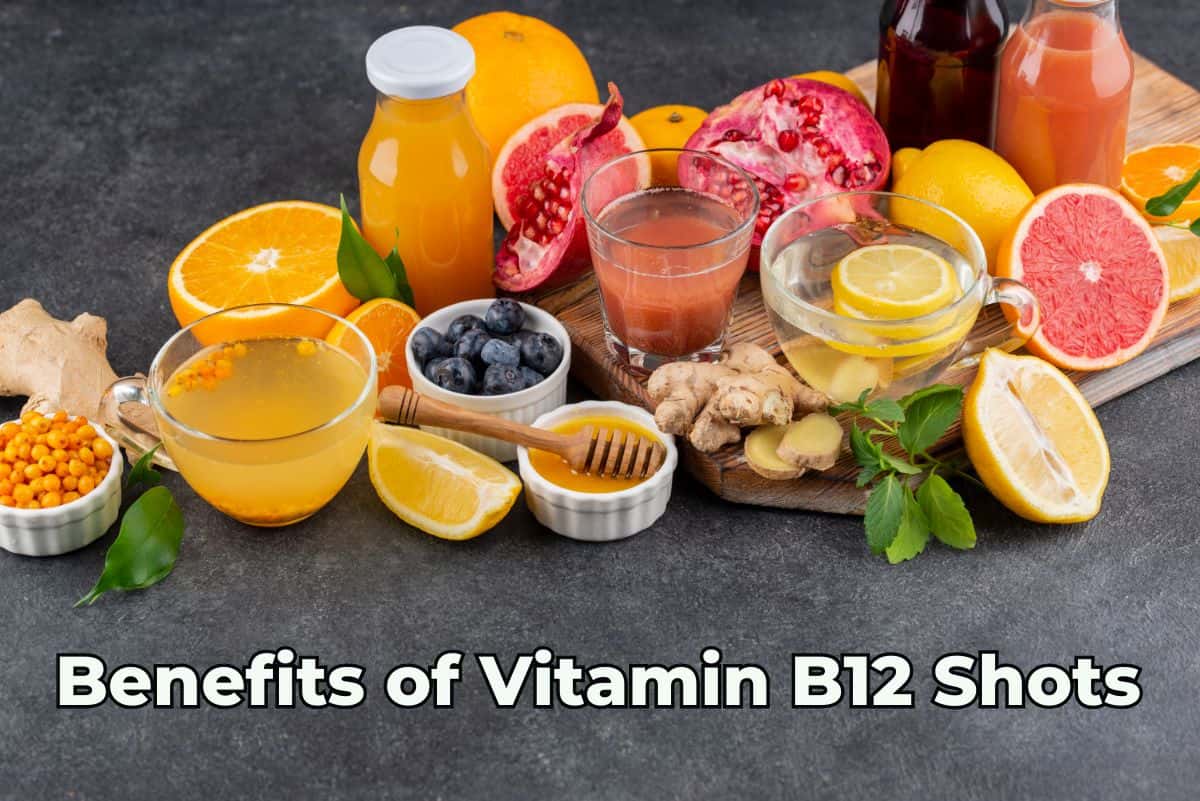 A variety of fresh fruits, juices, and ingredients displayed on a dark surface with the text "Benefits of Vitamin B12 Shots.