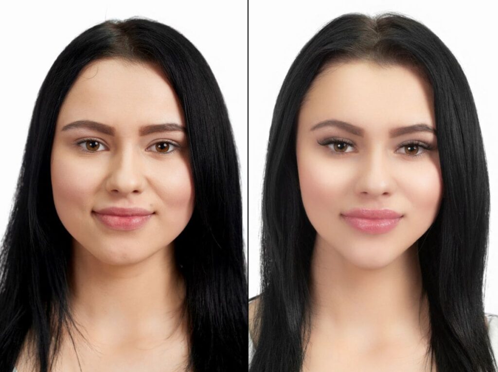 Side-by-side comparison of a woman's face before and after buccal fat removal surgery, showing noticeable changes in facial contours.