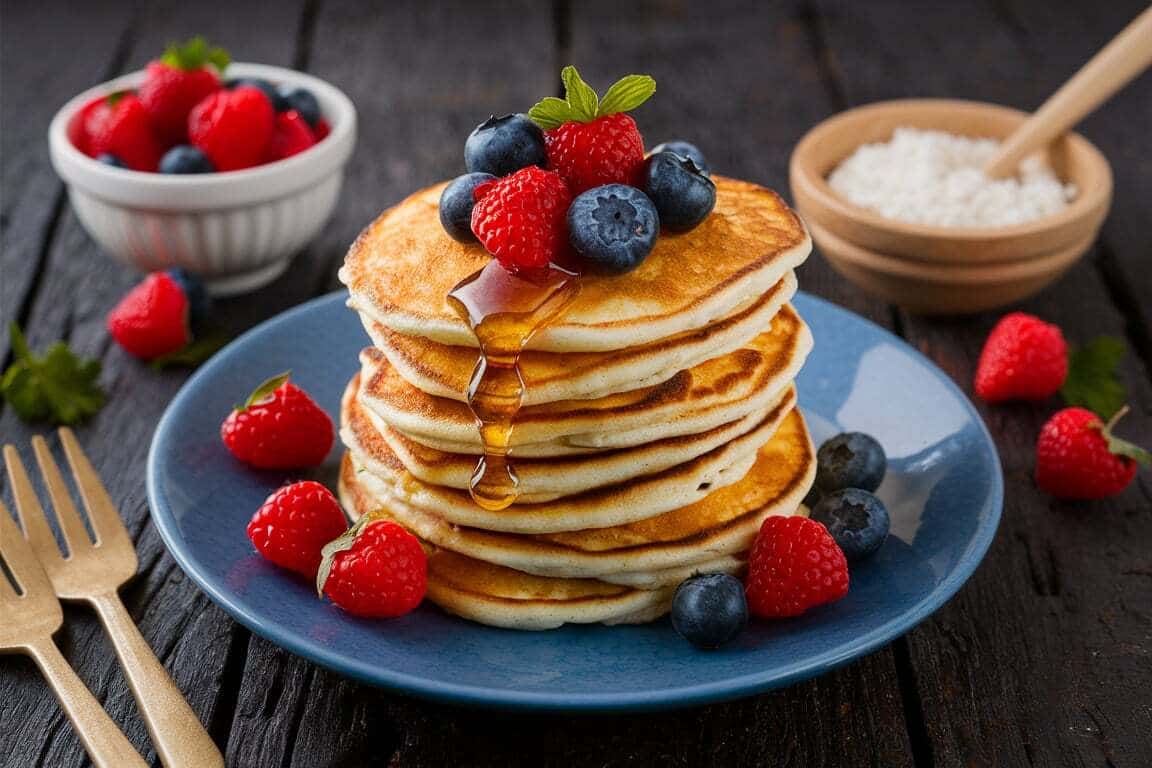 A stack of pancakes topped with fresh blueberries and raspberries, drizzled with syrup, served on a blue plate with more berries scattered around and a small bowl of cottage cheese in the background.