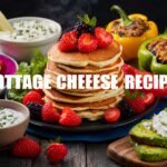 Cottage Cheese REcipes A stack of pancakes topped with fresh berries, surrounded by various colorful dishes including stuffed bell peppers, a smoothie, sliced avocado on toast with cottage cheese, and a bowl of cottage cheese with herbs.