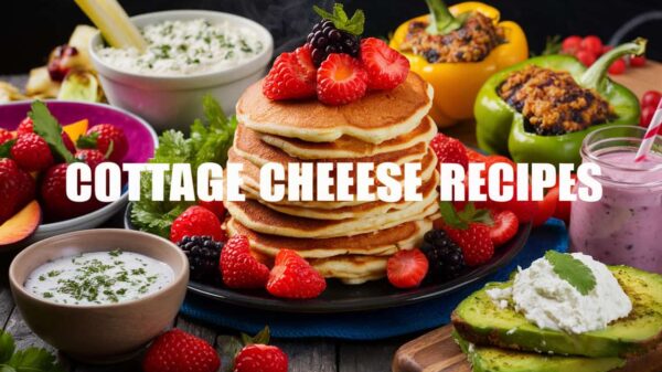 Cottage Cheese REcipes A stack of pancakes topped with fresh berries, surrounded by various colorful dishes including stuffed bell peppers, a smoothie, sliced avocado on toast with cottage cheese, and a bowl of cottage cheese with herbs.