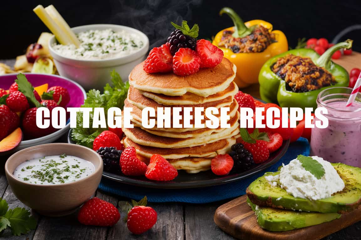 Cottage Cheese REcipes A stack of pancakes topped with fresh berries, surrounded by various colorful dishes including stuffed bell peppers, a smoothie, sliced avocado on toast with cottage cheese, and a bowl of cottage cheese with herbs.