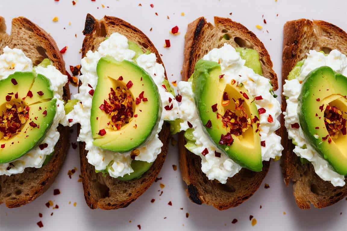 Four slices of toasted bread topped with cottage cheese, avocado slices, and sprinkled with red pepper flakes.