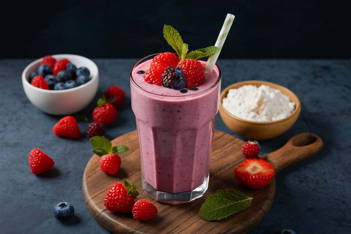 A tall glass of berry smoothie topped with fresh raspberries, blackberries, and blueberries, garnished with a sprig of mint and a paper straw. Surrounding the smoothie are scattered berries, a bowl of blueberries, and a bowl of cottage cheese on a wooden cutting board.