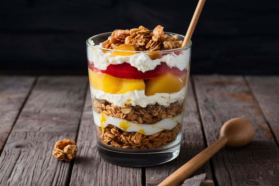 A glass filled with layers of granola, yogurt, peaches, and cottage cheese, topped with granola and a wooden spoon placed beside the glass.