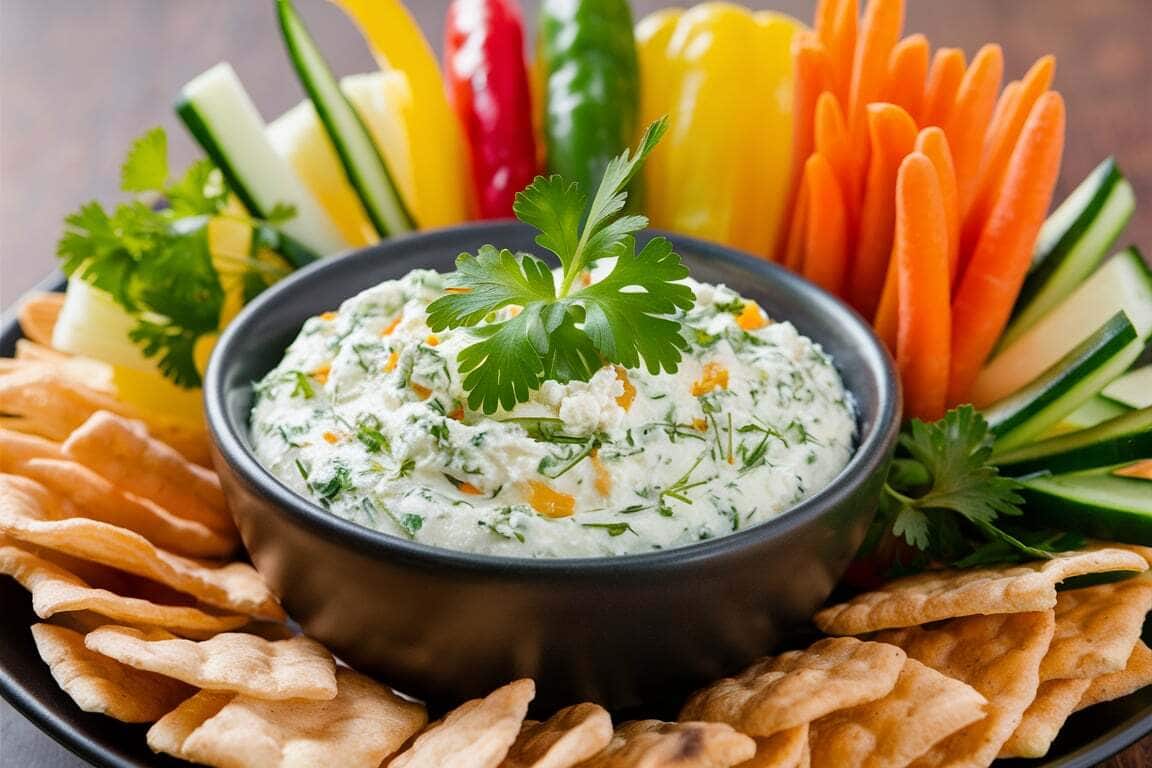 A bowl of cottage cheese and herb dip garnished with a cilantro leaf, surrounded by an assortment of vegetable sticks and crackers on a platter.