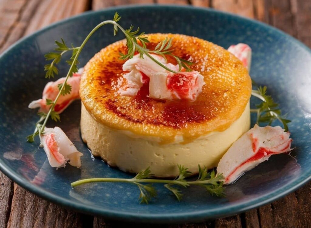 Best Crab Brulee Recipe A close-up image of a crab brûlée, showcasing a golden-brown caramelized top, garnished with crab meat and fresh herbs, served on a blue plate.