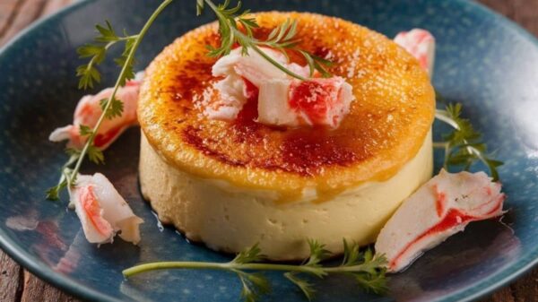 Best Crab Brulee Recipe A close-up image of a crab brûlée, showcasing a golden-brown caramelized top, garnished with crab meat and fresh herbs, served on a blue plate.