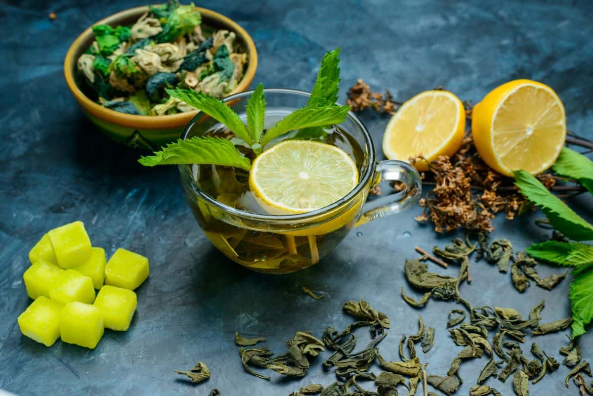 Herbal Tea Recipes A glass cup of herbal tea garnished with a lemon slice and fresh mint leaves. The background includes lemon halves, dried herbs, and green sugar cubes, all arranged on a dark blue surface.