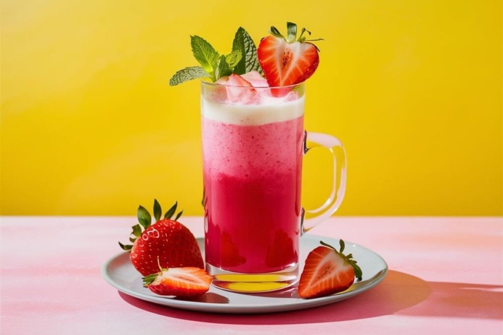 Pink Drink Recipe A vibrant pink drink garnished with fresh mint leaves and a sliced strawberry, served in a clear glass mug on a white plate with additional strawberries.