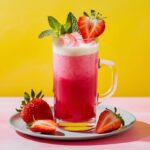 Pink Drink Recipe A vibrant pink drink garnished with fresh mint leaves and a sliced strawberry, served in a clear glass mug on a white plate with additional strawberries.