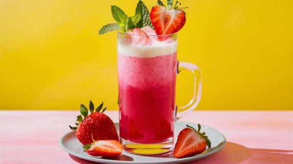 Pink Drink Recipe A vibrant pink drink garnished with fresh mint leaves and a sliced strawberry, served in a clear glass mug on a white plate with additional strawberries.