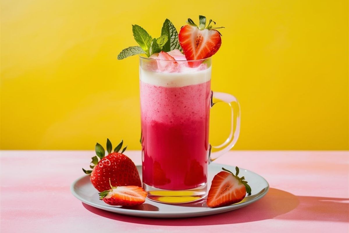 Pink Drink Recipe A vibrant pink drink garnished with fresh mint leaves and a sliced strawberry, served in a clear glass mug on a white plate with additional strawberries.