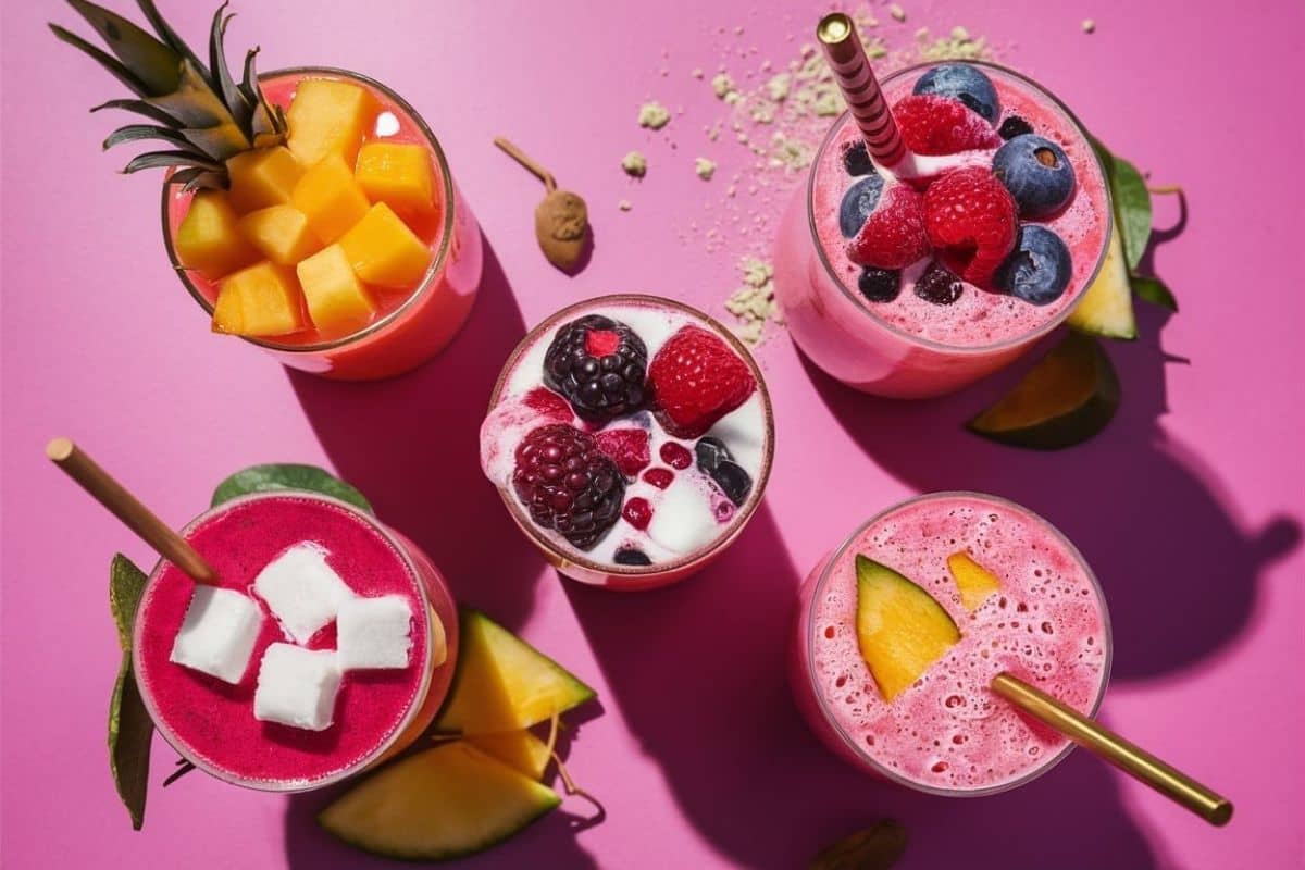 An assortment of five pink drinks in clear glasses, each garnished differently with fresh fruits such as mango, berries, and coconut, against a bright pink background.