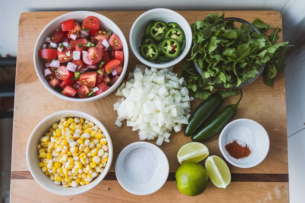 A wooden cutting board with various fresh ingredients for making salsa, including diced tomatoes, sliced jalapeños, chopped onions, fresh cilantro, corn, limes, and spices.