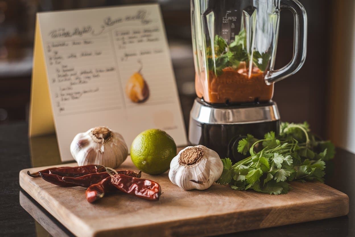 Blender filled with ingredients for chipotle sauce, surrounded by garlic, lime, dried red chilies, and fresh cilantro on a wooden cutting board, with a recipe card in the background.