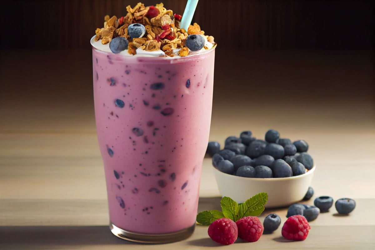 A tall glass of berry smoothie topped with granola and fresh blueberries, with a bowl of blueberries and a few raspberries placed beside it.