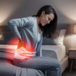 Can Dehydration Cause Back Pain A Woman Sitting On The Edge Of A Bed, Holding Her Lower Back In Pain. The Area Is Highlighted With A Glowing Red Light, Indicating Severe Discomfort. The Room Is Softly Lit With Bedside Lamps On Either Side Of The Bed.