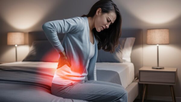 Can Dehydration Cause Back Pain A Woman Sitting On The Edge Of A Bed, Holding Her Lower Back In Pain. The Area Is Highlighted With A Glowing Red Light, Indicating Severe Discomfort. The Room Is Softly Lit With Bedside Lamps On Either Side Of The Bed.