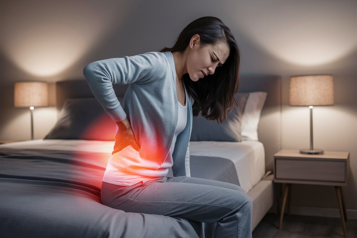 Can Dehydration Cause Back Pain A woman sitting on the edge of a bed, holding her lower back in pain. The area is highlighted with a glowing red light, indicating severe discomfort. The room is softly lit with bedside lamps on either side of the bed.