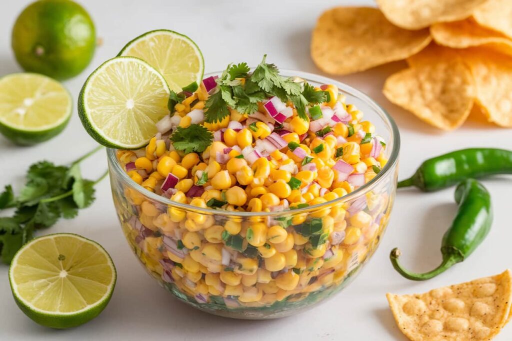 Chipotle Corn Salsa Recipe A bowl of colorful corn salsa garnished with lime slices and cilantro, surrounded by fresh limes, cilantro leaves, jalapeño peppers, and tortilla chips.