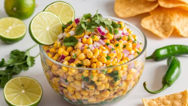 Chipotle Corn Salsa Recipe A bowl of colorful corn salsa garnished with lime slices and cilantro, surrounded by fresh limes, cilantro leaves, jalapeño peppers, and tortilla chips.