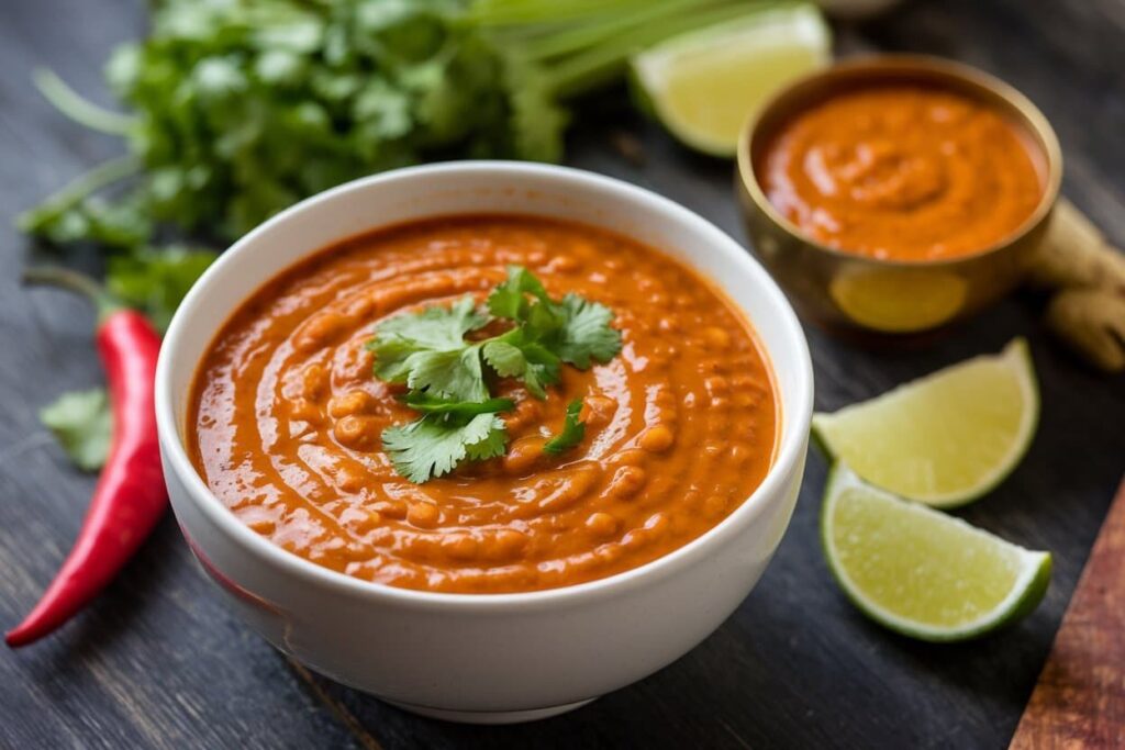 Chipotle Sauce Bowl of red chipotle sauce garnished with fresh cilantro, surrounded by lime wedges, a red chili pepper, and fresh cilantro leaves.