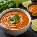 Chipotle Sauce Bowl of red chipotle sauce garnished with fresh cilantro, surrounded by lime wedges, a red chili pepper, and fresh cilantro leaves.