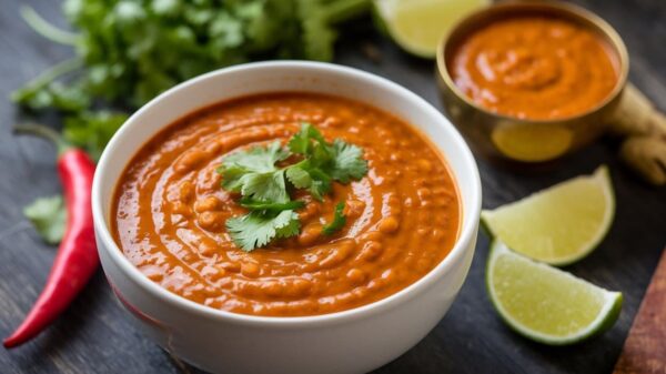 Chipotle Sauce Bowl of red chipotle sauce garnished with fresh cilantro, surrounded by lime wedges, a red chili pepper, and fresh cilantro leaves.