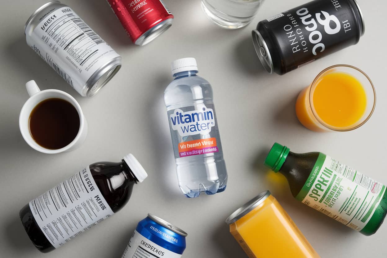 A bottle of Vitamin Water surrounded by various beverages including soda cans, a cup of coffee, a glass of orange juice, and other bottled drinks on a neutral background.