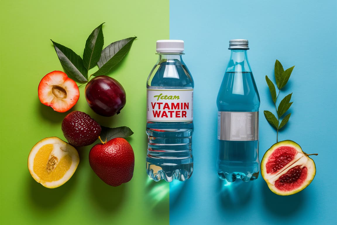 Two bottles of Vitamin Water placed against a split green and blue background, surrounded by various colorful fruits and leaves.