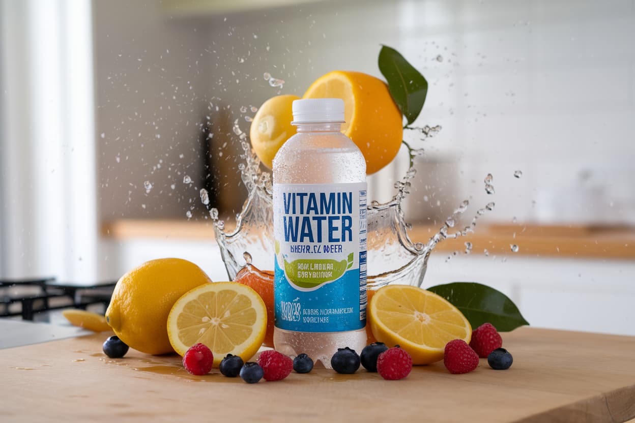 A bottle of vitamin water with splashes of water and fresh fruits including lemon, blueberries, and raspberries around it.