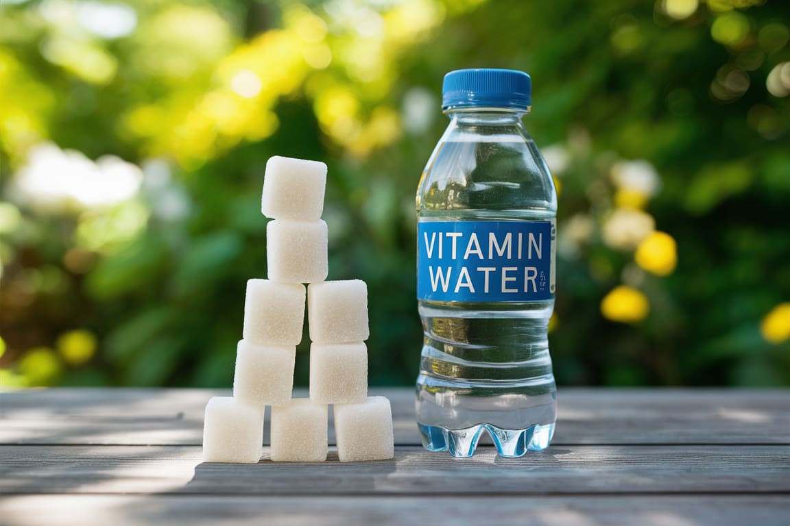 A bottle of Vitamin Water next to a stack of sugar cubes on a wooden table with a blurred natural background.