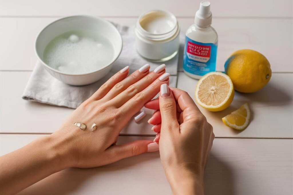 how to remove super glue from skin Hands with super glue on skin being treated with home remedies, including a bowl of warm soapy water, a jar of petroleum jelly, a bottle of acetone-based nail polish remover, and fresh lemon slices.