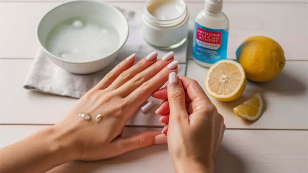 how to remove super glue from skin Hands with super glue on skin being treated with home remedies, including a bowl of warm soapy water, a jar of petroleum jelly, a bottle of acetone-based nail polish remover, and fresh lemon slices.