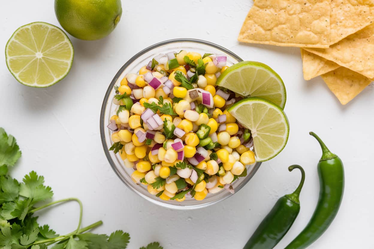 A glass bowl filled with vibrant corn salsa, garnished with lime slices. The salsa includes yellow corn, diced red onions, cilantro, and green peppers. Lime halves, green chili peppers, and cilantro leaves surround the bowl, with tortilla chips visible on the side.