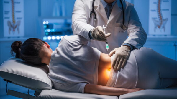 Stem Cell Therapy for Back Pain Doctor administering a stem cell injection into the lower back of a patient lying on a treatment bed in a modern medical clinic.