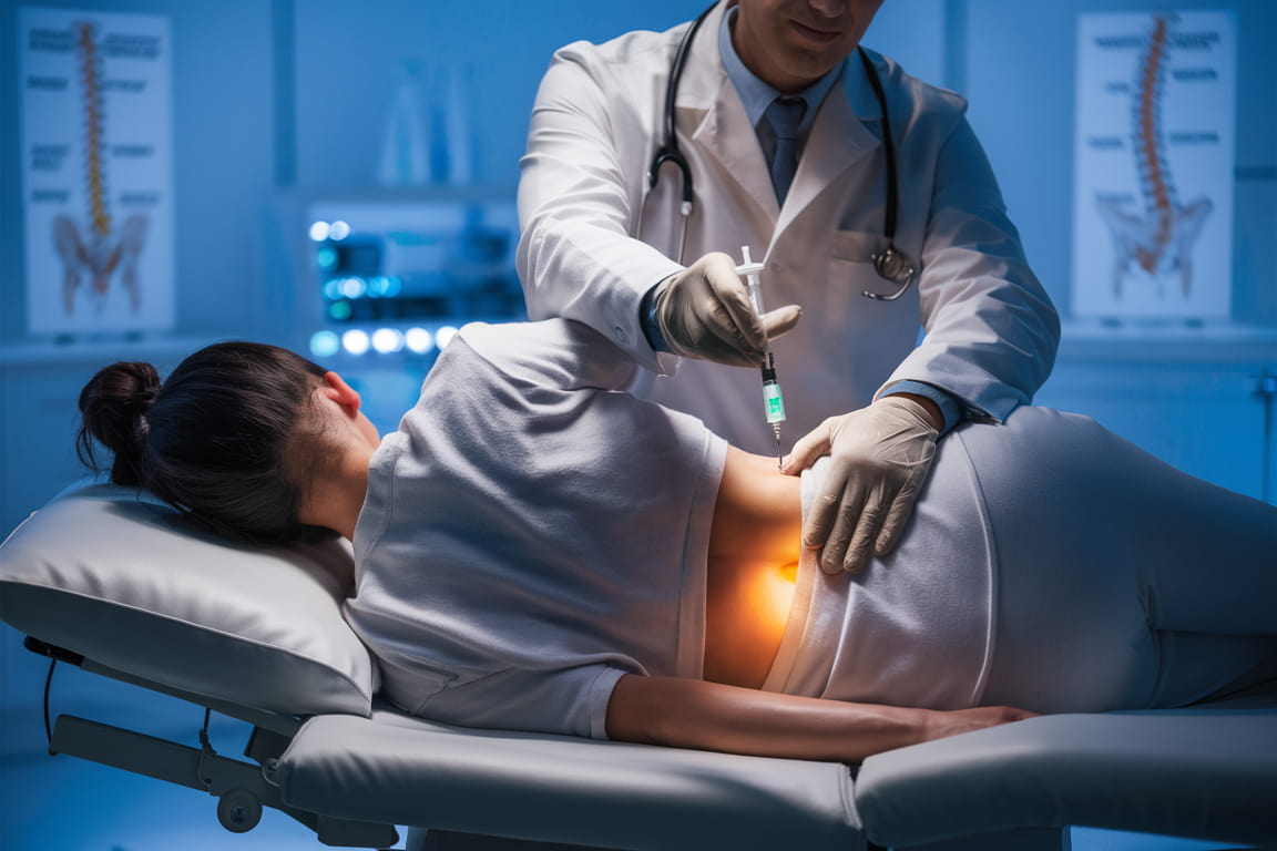 Stem Cell Therapy for Back Pain Doctor administering a stem cell injection into the lower back of a patient lying on a treatment bed in a modern medical clinic.