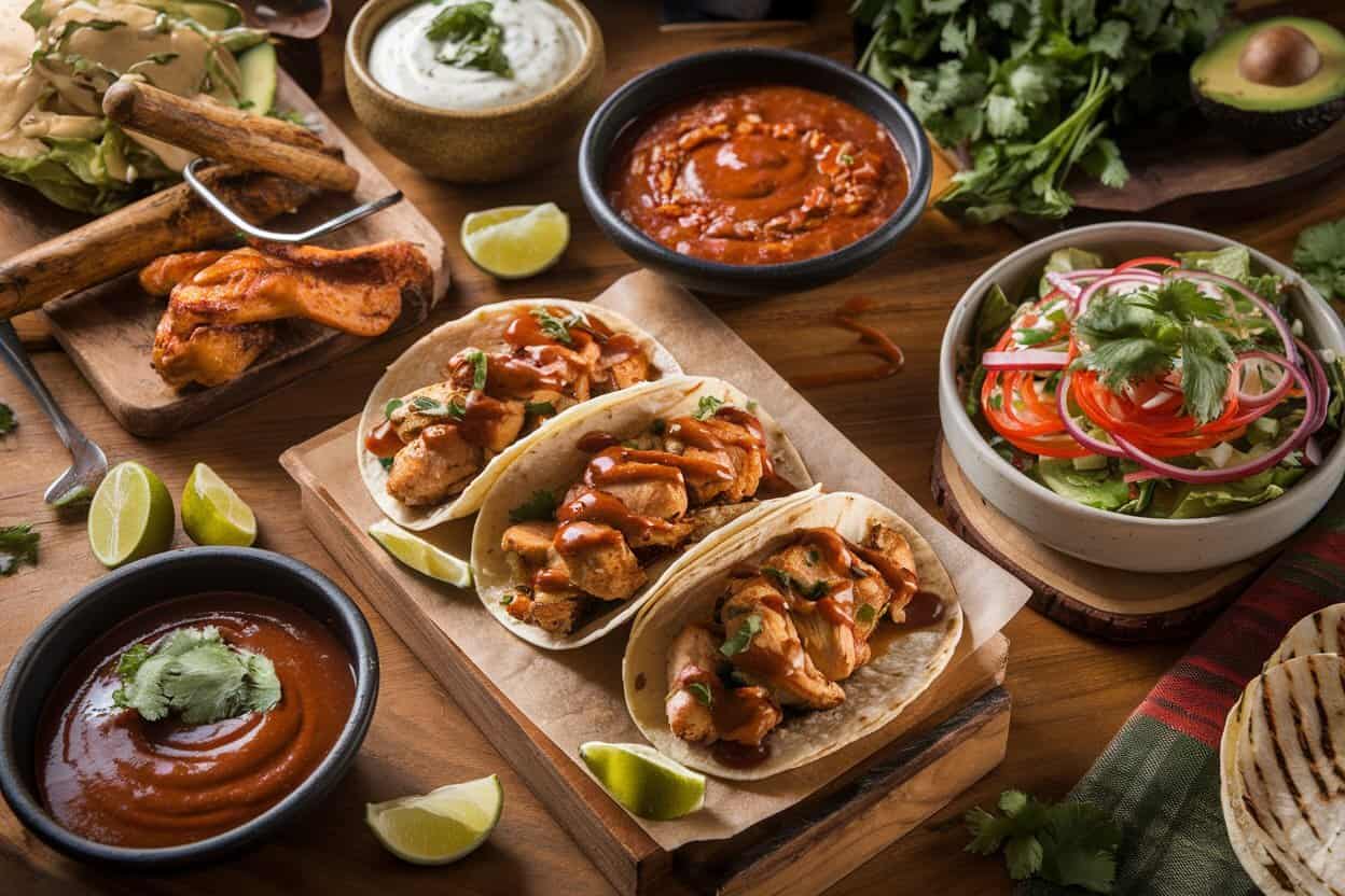 A spread of delicious food featuring three chicken tacos topped with chipotle sauce, surrounded by fresh limes, sauces, and salads on a rustic wooden table.