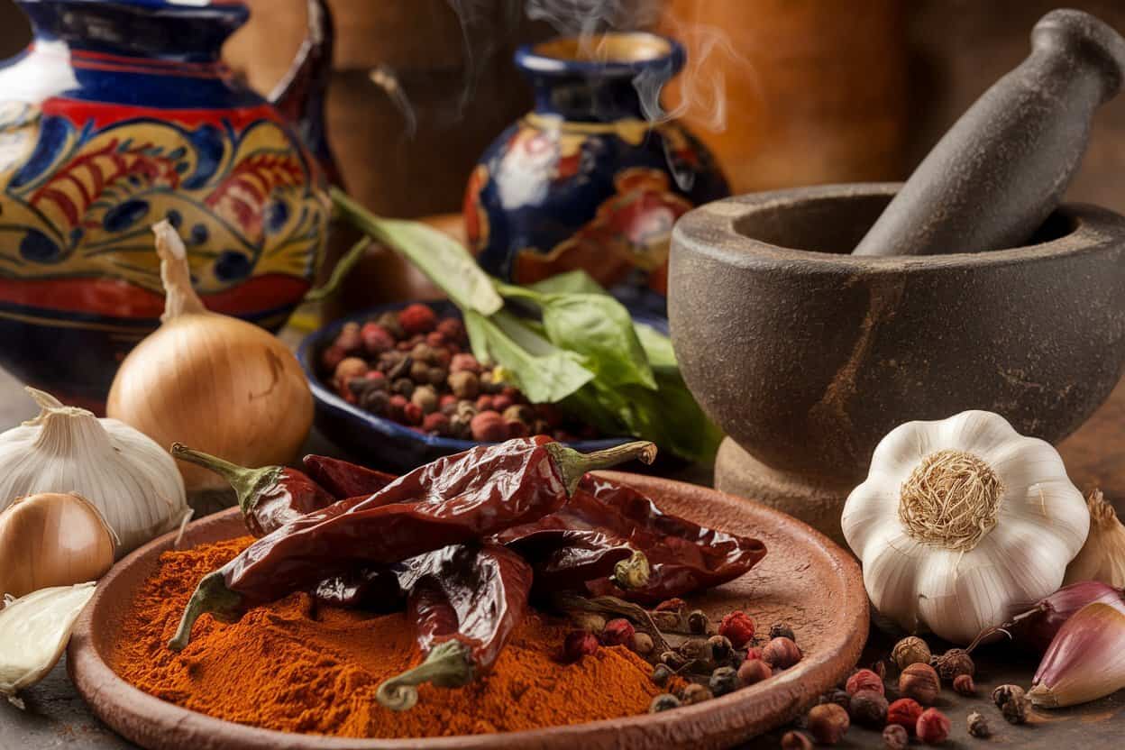 A rustic kitchen scene featuring dried red chilies, a bowl of ground spices, garlic bulbs, onions, and a mortar and pestle, with colorful ceramic pots in the background.