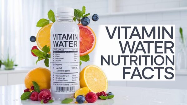 Vitamin Water Nutrition Facts A bottle of Vitamin Water surrounded by fresh fruits like orange slices, raspberries, blackberries, and lemon, with the text "Vitamin Water" in stylish font on the right.