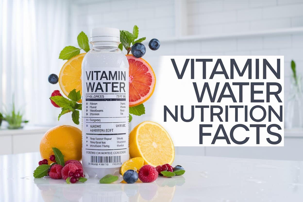 Vitamin Water Nutrition Facts A bottle of Vitamin Water surrounded by fresh fruits like orange slices, raspberries, blackberries, and lemon, with the text "Vitamin Water" in stylish font on the right.